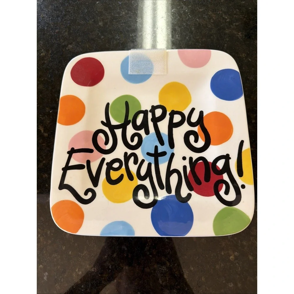 Happy Everything Coton Colors White Rainbow Polka Dot Square Plate Platter